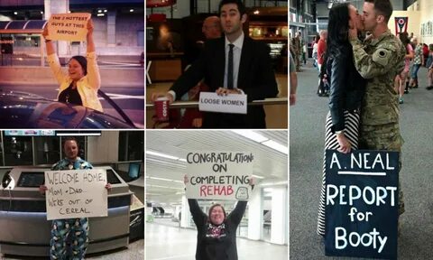 Airport Pickup Funny Welcome Home Signs - Man greets girlfri