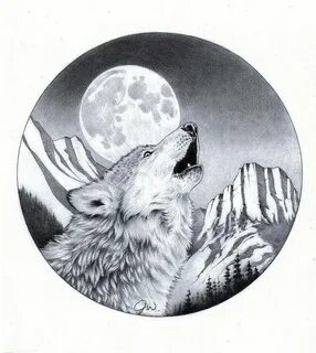 Wolf with moon and mountains Wolf drawing, Wolf and moon tat