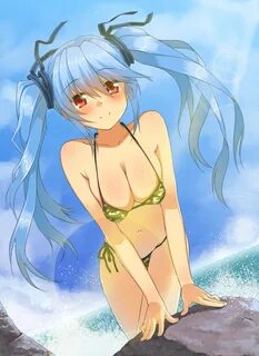 Safebooru - 1girl bikini blue hair blush breasts camouflage 