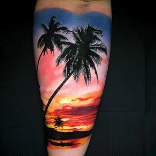 Beach sunset tattoo palm trees realistic tattoo #BeautifulBe