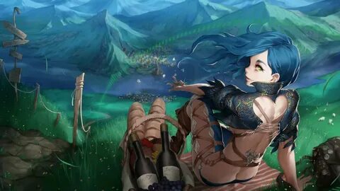 Girl w/ Blue Hair on a Green Field Seijinoh - Wallpaper Engi