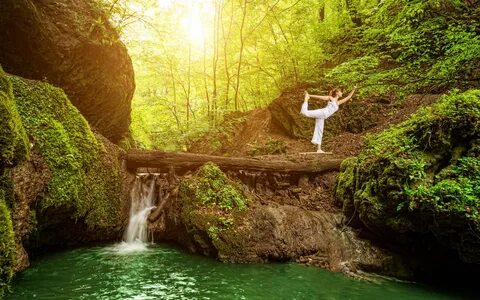 Download wallpaper forest, girl, trees, pose, waterfall, mos