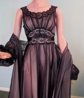 Vintage 1960s Vanity Fair Black Lace Peignoir Nightgown Robe