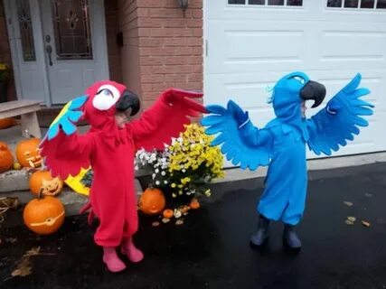 Jewel and Scarlett Macaw costumes made by Daddy. Halloween b