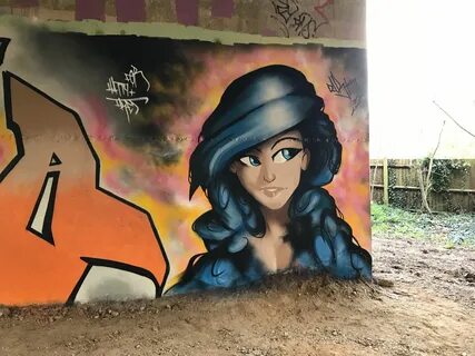 Graffiti characters Loddon Bridge Dark 13 blue haired babe G