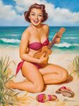 1940s Pin-Up Girl Picnic at the Ocean Beach Picture Poster P