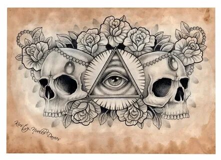 Skulls And Pyramid Eye Chest Tattoo Design