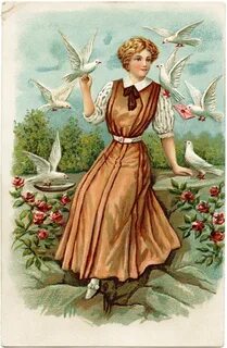 Vintage Birthday Postcard Lady and Birds Free Digital Image 