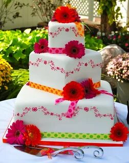 Gerber Daisy wedding cake Pink piping with fresh gerber da. 