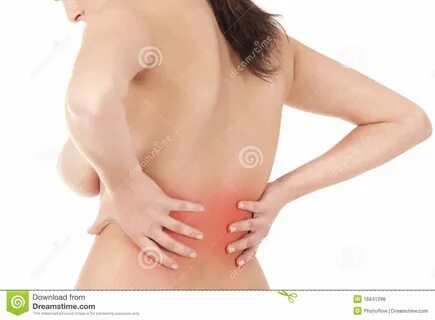 Woman massaging pain back isolated on white background.