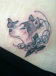 Wolf and butterfly tattoo with orange blossom flowers...beau