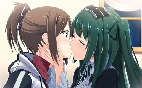 Wallpaper : illustration, anime girls, cartoon, green hair, kissing, yuri, lesbi