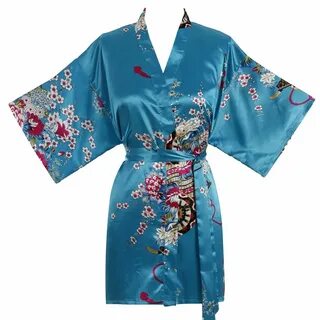 Women's Satin Wheel and Flower Print Kimono Short Robe - Blue - C712NT...