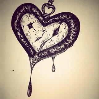 Heart-shaped broken pocket watch pen drawing/ tattoo design 