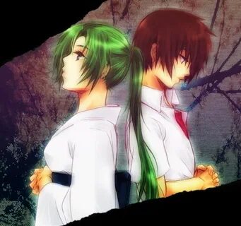 Safebooru - back to back brown hair green hair higurashi no 