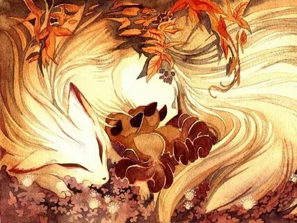 Ninetails and Vulpix Pokemon Kitsune Fox, an art print by Ca