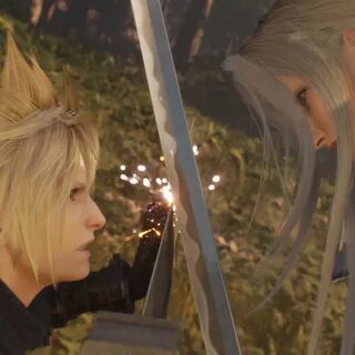 Screenshot from Final Fantasy VII Rebirth featuring a close up of Cloud (le