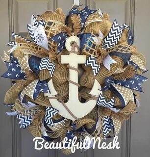 Anchor Nautical Burlap Deco Mesh Wreath With Navy Beach Etsy