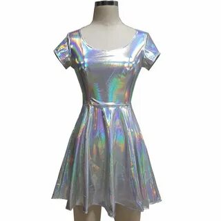 Pinda Holographic High Waisted Flare Skater Dress XL Silver 