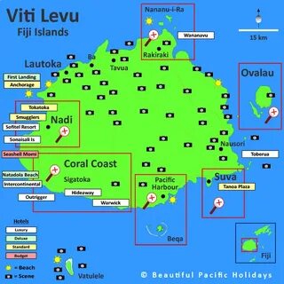 Map of Viti Levu in Fiji Islands showing Hotel Locations