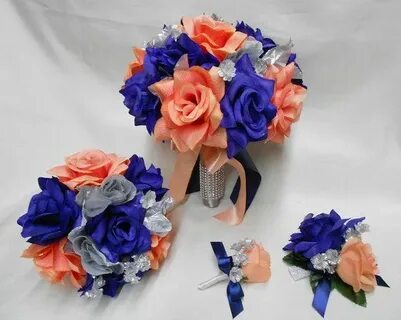 Wedding Silk Flower Bridal Bouquet Package Navy Blue Coral E