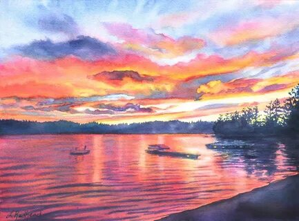 Sunset over water painting instaedit Art & Collectibles Pain
