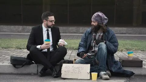 Businessman Eating Talking Poor Homeless Man: стоковое видео
