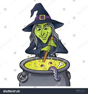 Grinning Witch Stirring Bubbling Cauldron Stock Vector (Roya