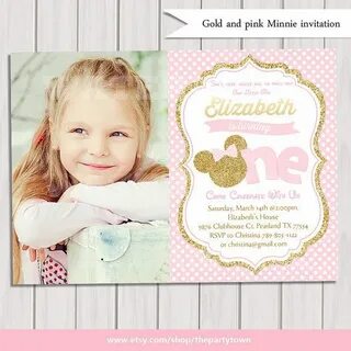 Pink and Gold Minnie Mouse First Birthday Party Invitation, 