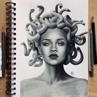 Drawing of Rihanna as Medusa. Made with Prismacolor premier 