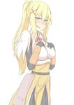 Safebooru - 1girl :d armor armored dress black gloves blonde