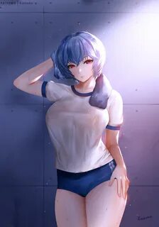 Safebooru - 1girl arm up ayanami rei bangs blue hair breasts