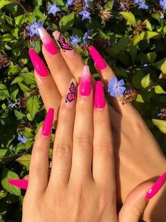 Hot Pink Butterfly Nails - I hand painted the details of but
