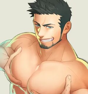 Safebooru - 1boy bara beard black hair breast hold breasts f