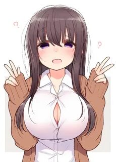 Safebooru - 1girl ? bangs blush breasts brown hair button ga