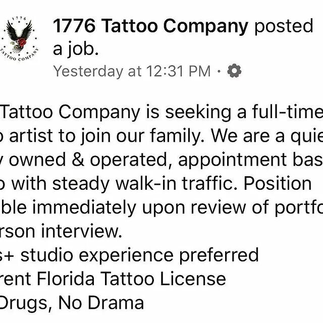 1776 Tattoo Company is seeking a full-time tattoo artist to join our family...