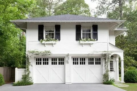 white-house-black-shutters-window-box-pretty-garage-doors - 