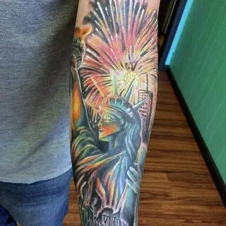 Guys State Of Liberty Fireworks Patriotic Forearm Sleeve Tat