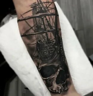 Superb Pirates Ship And Skull Forearm Tattoo Made By Expert