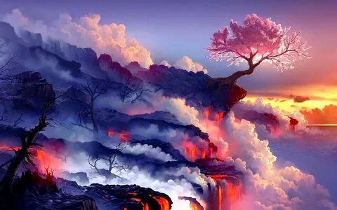 pink sakura tree wallpaper #sunset fantasy art #lava #trees 