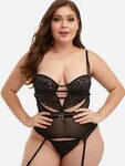 Plus Size Black Lace See-through Lingerie with Garter Belt -