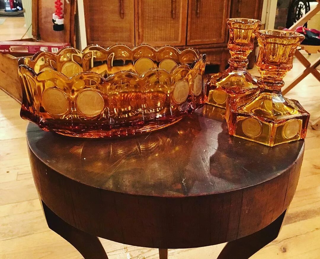 @justintimeconsignments: “Fostoria Amber Glass Coin Bowl $28 Candlesticks $...