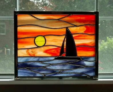 Sailboat Sunset Stained Glass Window Panel, Ocean Sunset, Se