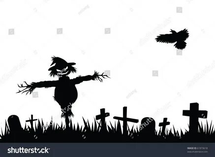 Vektor Stok Halloween Theme Silhouette Scarecrow Graveyard (