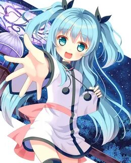 Safebooru - 1girl :d blue eyes blue hair hair ribbon hazakur