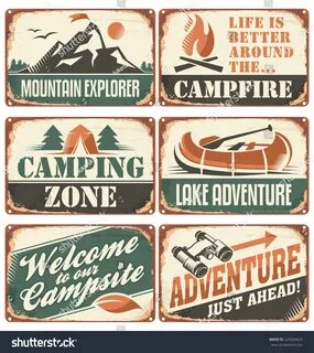 Set Vintage Outdoor Camp Signs Poster: стоковая векторная гр