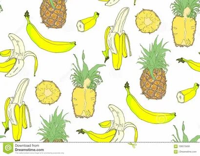 Seamless Pattern of Whole and Pieces of Banana and Pineapple