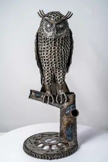 Owl metal sculpture o ring owl Sculpture by Mari NineArt Saa