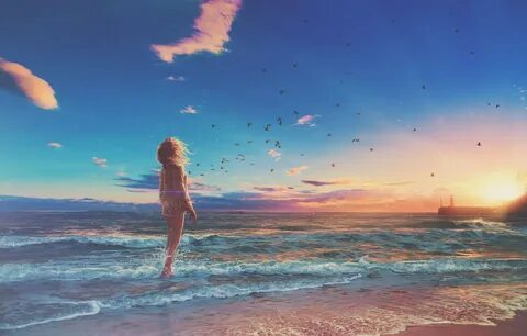 Обои море, волны, пляж, девушка, птицы, маяк, горизонт, wave