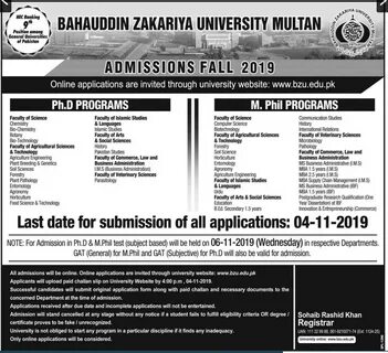 Education PhD Programs And MPhil Online 2019 At BZU Multan